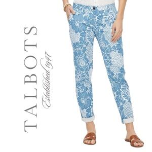 Talbots Relaxed Chino Pants Blue & White Floral Stretch Mid-Rise Ankle Length